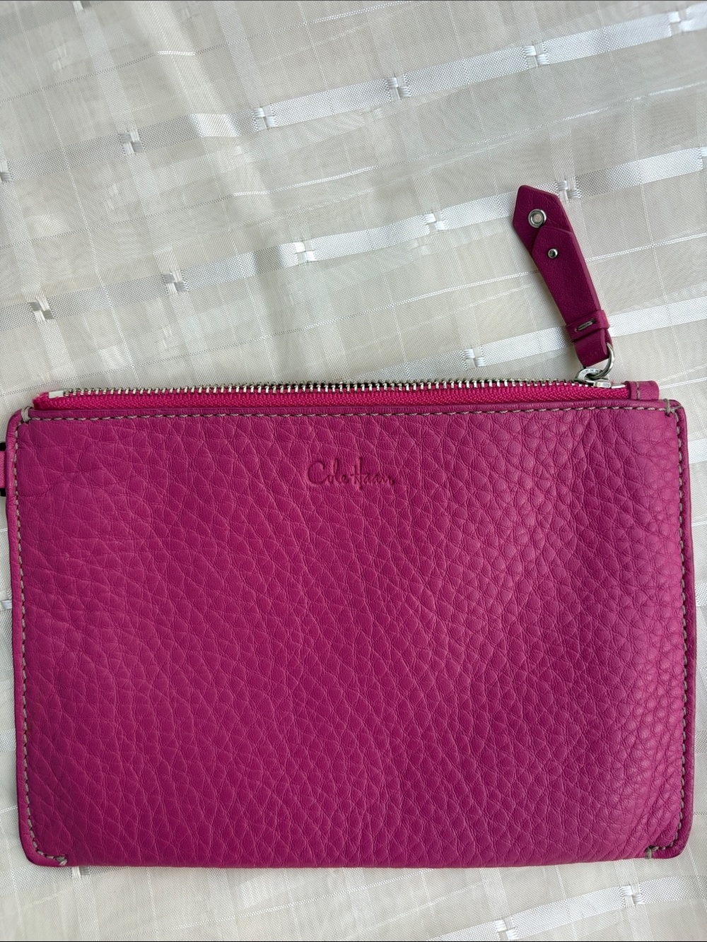 Cole Haan Fuchsia Pink Pebbled Leather Zippered Pouch Clutch Wallet